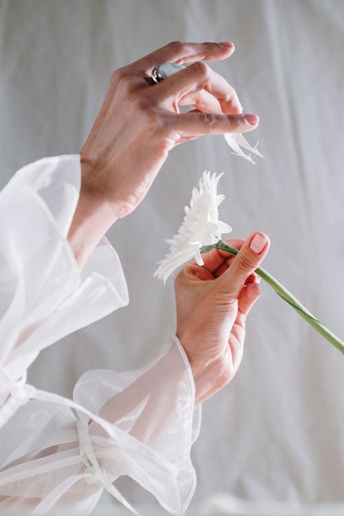 Person Holding White Feather in Front of White Textile