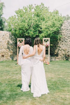 Two brides in elegant gowns embrace during their outdoor wedding ceremony.