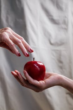 A dramatic depiction of hands presenting a red apple, echoing fairy tale themes.