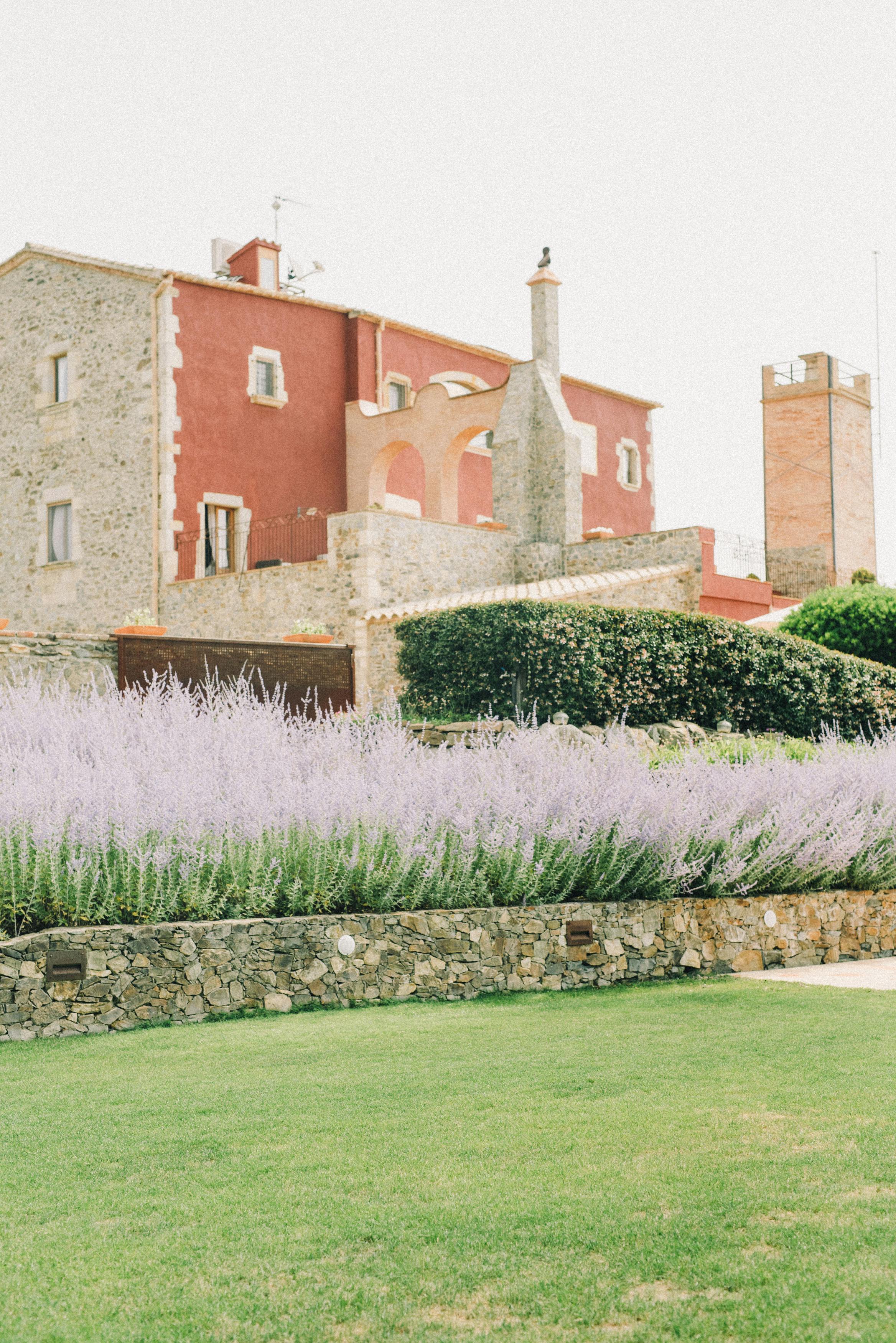 质朴的石头别墅，整齐的草坪和盛开的薰衣草花园