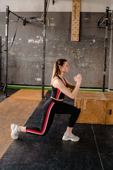 Fit woman in activewear doing a lunge exercise in an urban-style gym environment.