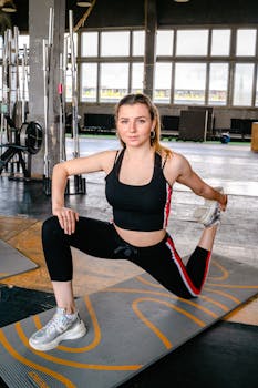 A woman performing a stretching exercise on a yoga mat in a gym setting.