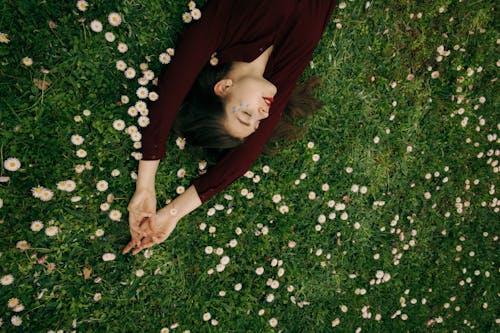 Free Woman in Red Long Sleeve Shirt Lying on Green Grass with White Flowers Stock Photo