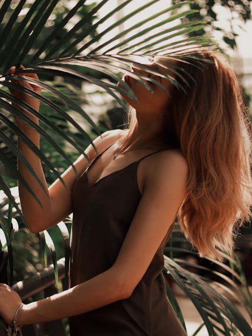 Foto profissional grátis de de pé, folha de palmeira, mulher