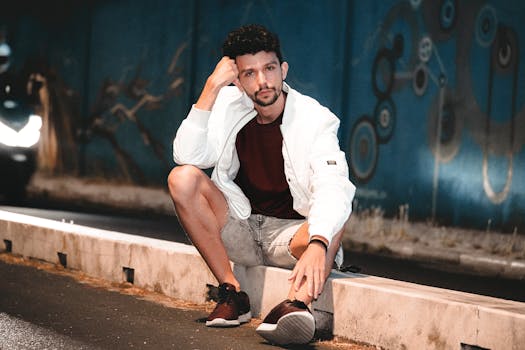 A fashionable man in a white jacket and denim shorts poses on an urban street, expressing contemporary style.