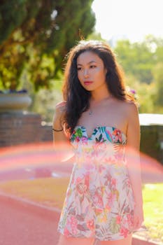 阳光明媚的户外，一位身穿花卉连衣裙的时尚女士优雅摆姿，尽显美丽与时尚