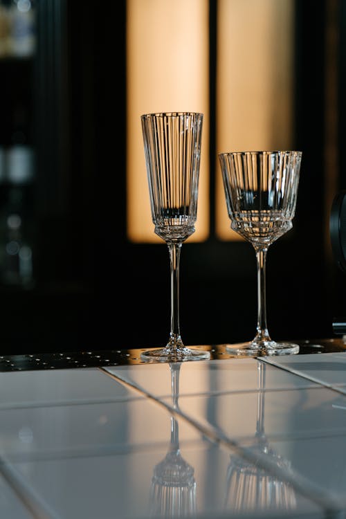 Three Clear Wine Glasses on Table