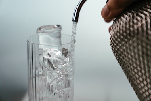 Close-up of soda water being poured into a highball glass with ice cubes.