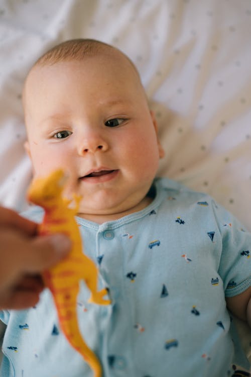 Baby in Blue Shirt Looking at the Plastic Toy