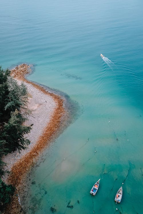 Boats floating in ocean water near coastline