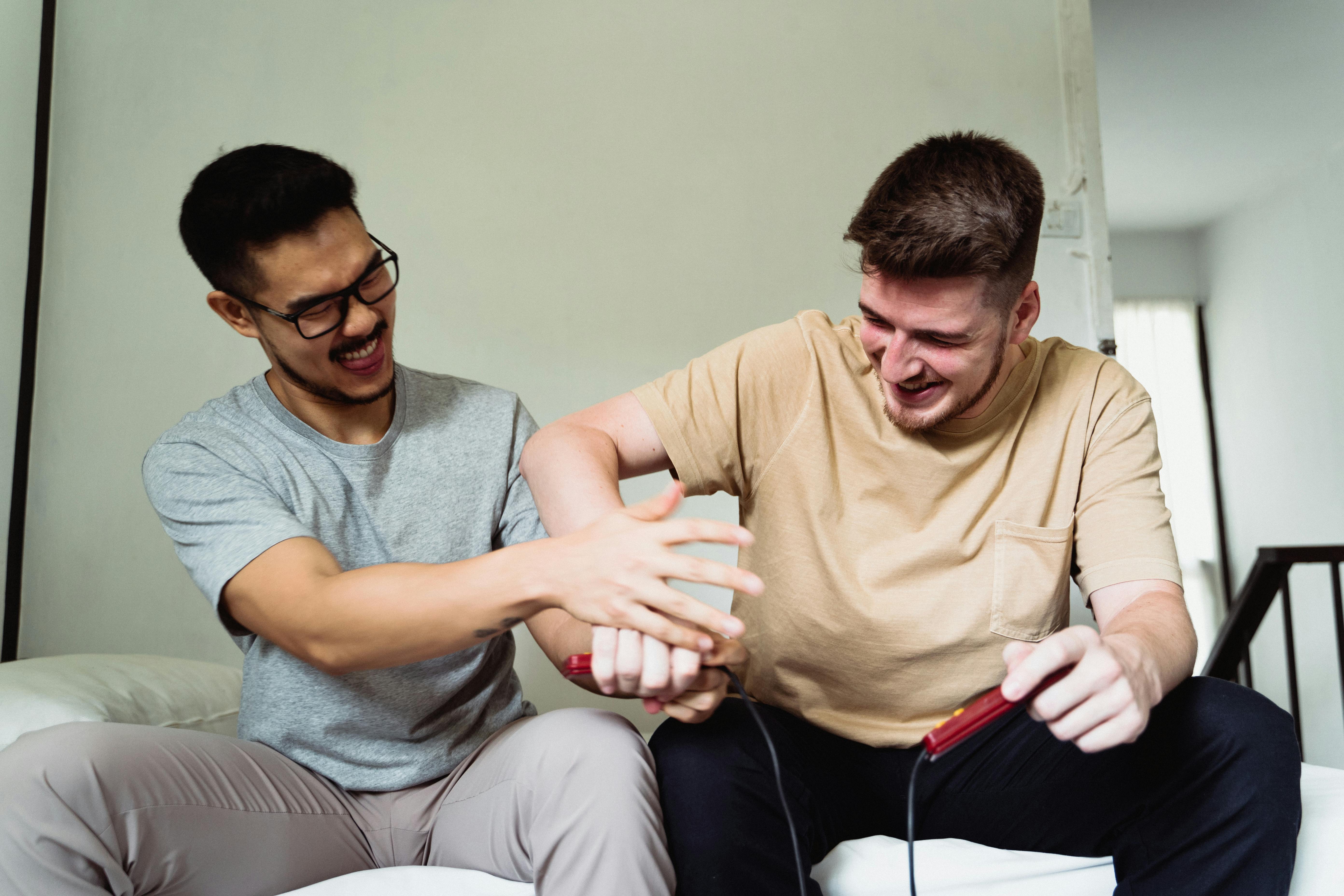 Men Playing Video Games and Play Fighting · Free Stock Photo