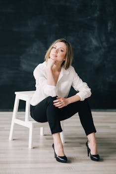 Portrait of a stylish woman sitting on a chair in an elegant and confident pose indoors.