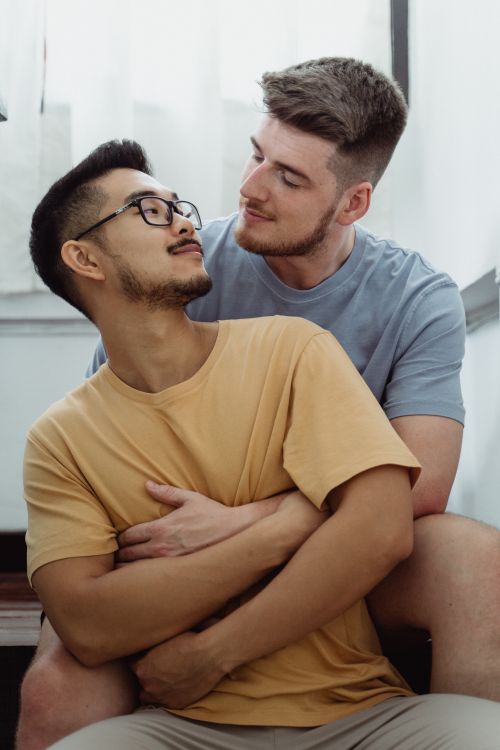 Free A loving interracial gay couple sharing a tender moment indoors. Stock Photo