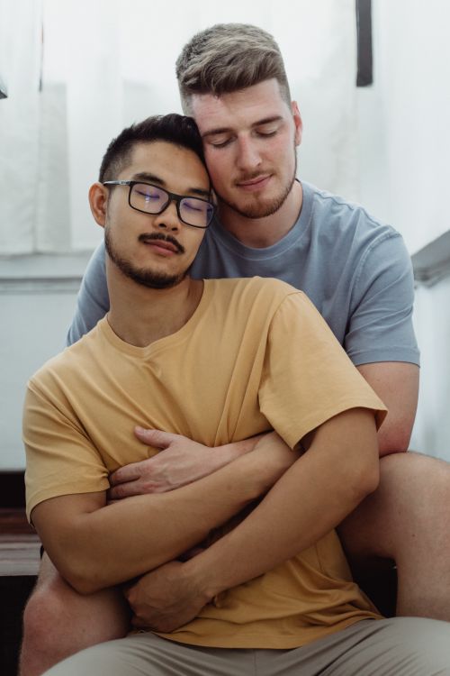 Free A loving embrace between an interracial gay couple indoors, showcasing their affection and togetherness. Stock Photo