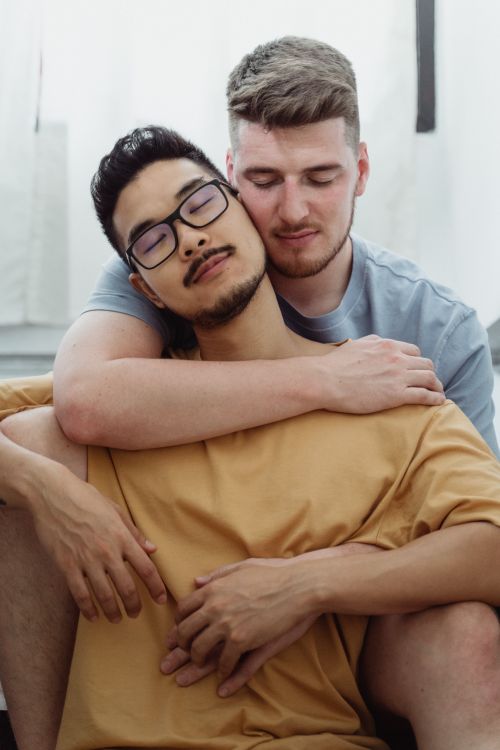 Free A loving interracial LGBT couple embracing indoors, showcasing affection and togetherness. Stock Photo