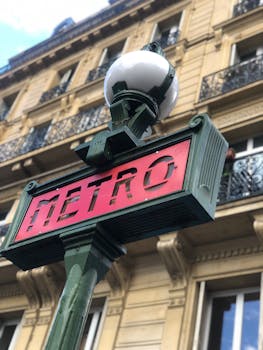 Low angle view of a Paris Metro sign with a historic building backdrop, capturing city life essence.