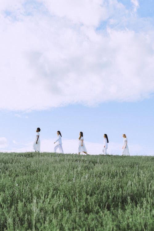 Group of People Walking on Green Grass Field Under White Clouds