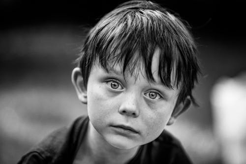Free A Grayscale Photo of a Little Boy  Stock Photo