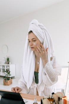 A woman in a bathrobe applies skincare indoors, enhancing her beauty routine.