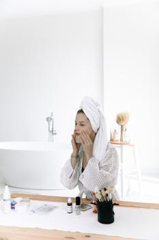 Elegant bathroom scene with a woman in a bathrobe applying skincare products, embracing self-care.