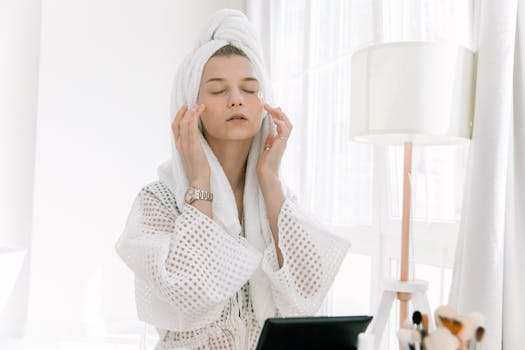 Adult woman in bathrobe doing skincare routine with head towel and under-eye patches indoors.