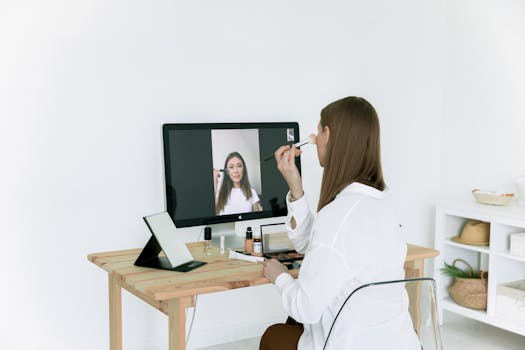 Woman following an online makeup tutorial in a modern home setting.