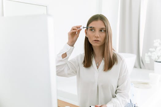 Young woman applying eyebrow makeup in a bright modern indoor bathroom setting.