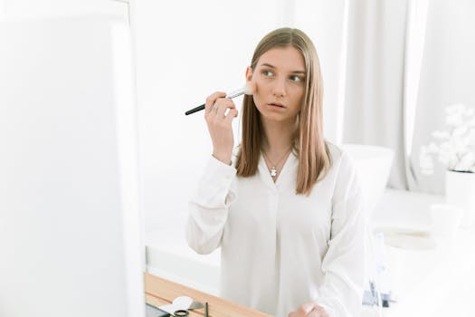 A woman wearing white long sleeves applies blush indoors using a makeup brush.