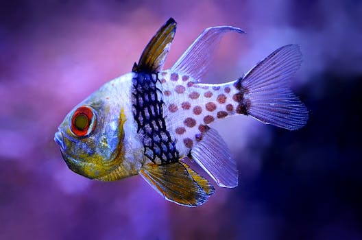 特写镜头中，充满活力的班盖红雀在紫色水族馆里游泳