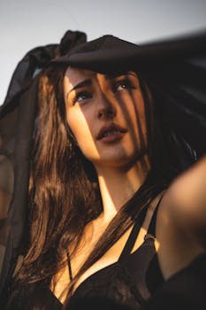 A captivating portrait of a woman with shadows and golden hour lighting enhancing her features.