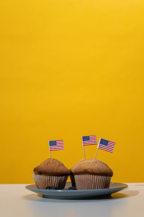 Three Muffins on Yellow Background