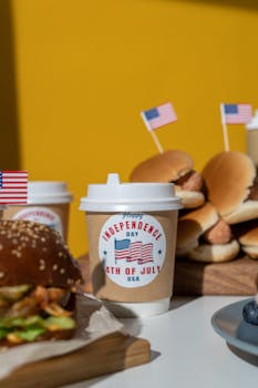 Patriotic themed fast food setup with American flags and Independence Day decor.