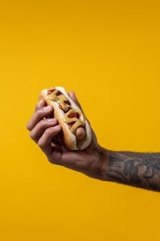 A person holding a mustard and ketchup hot dog against a vibrant yellow background.