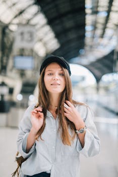 Stylish young woman standing and smiling at a modern urban train station platform.
