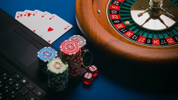 Close-up of a roulette table, poker chips, and playing cards depicting casino culture.