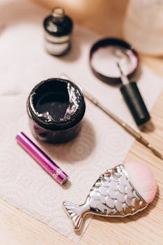 Close-up of nail salon tools and cosmetics on a table, for manicure and nail care.