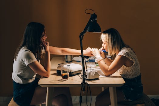 Two women at a nail salon, one receiving a manicure. Indoor setting with warm lighting.