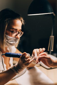 Nail technician polishing nails under professional lamp indoors.