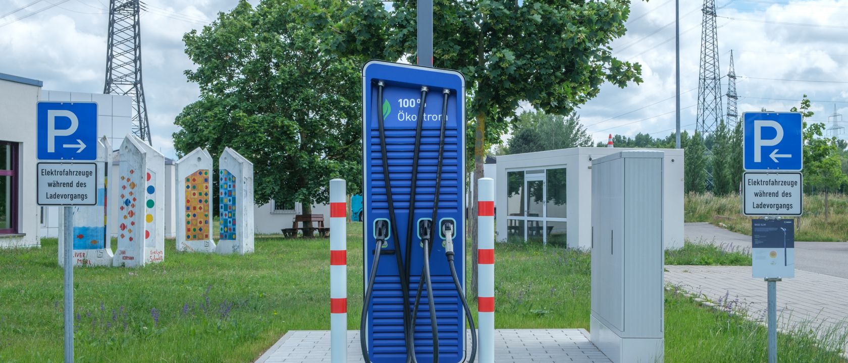 Public charging station with eco-friendly design for electric vehicles.