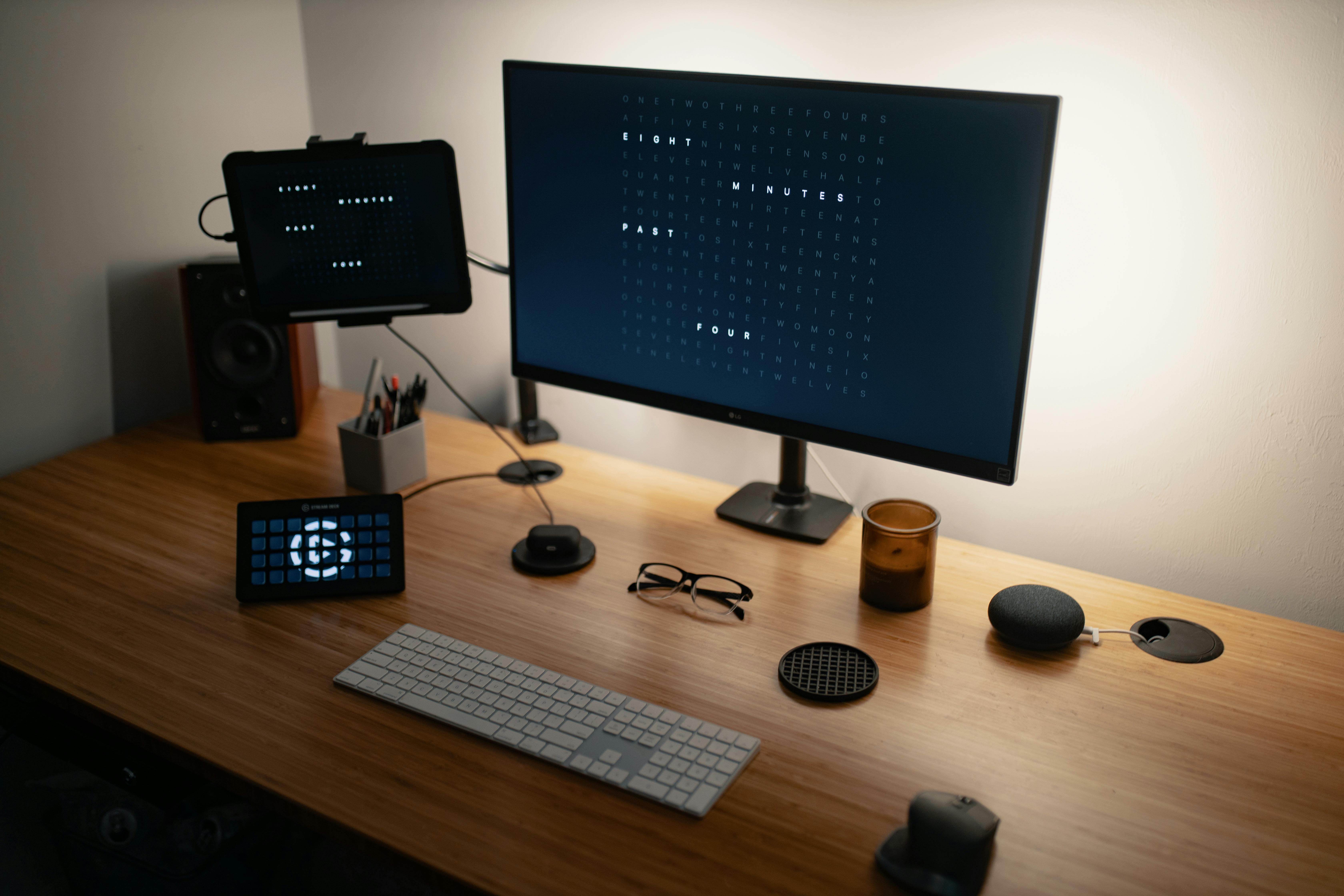 computer with various electronic devices and speaker placed on table