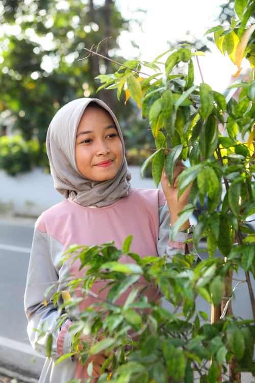 Free A Muslim teenager in a hijab appreciating nature and greenery outdoors on a sunny day. Stock Photo