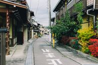 一条狭窄的街道坐落在一个传统的日本村庄里，两旁是经典的建筑和充满活力的树叶