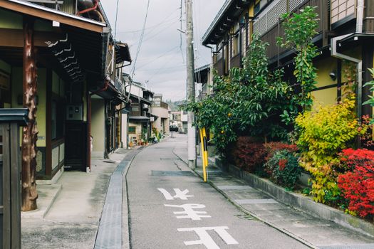 一条狭窄的街道坐落在一个传统的日本村庄里，两旁是经典的建筑和充满活力的树叶