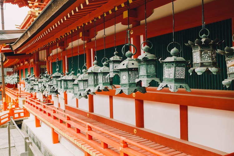 Lanterns Hanging By Wall Of Temple In Japan