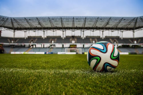 昼間の芝生のフィールドでサッカーボール