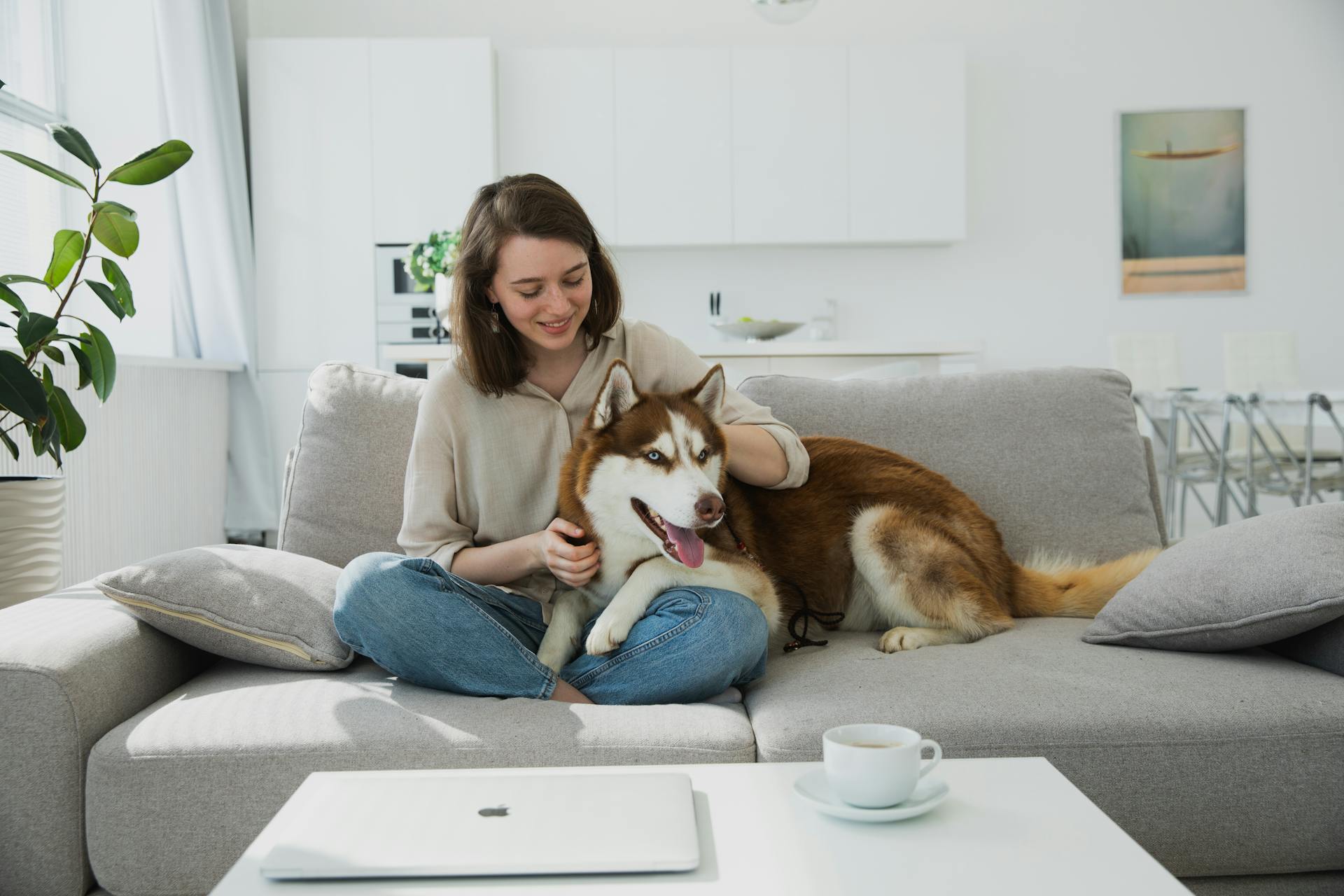 Woman Sitting on a Couch and Petting Her Husky Dog