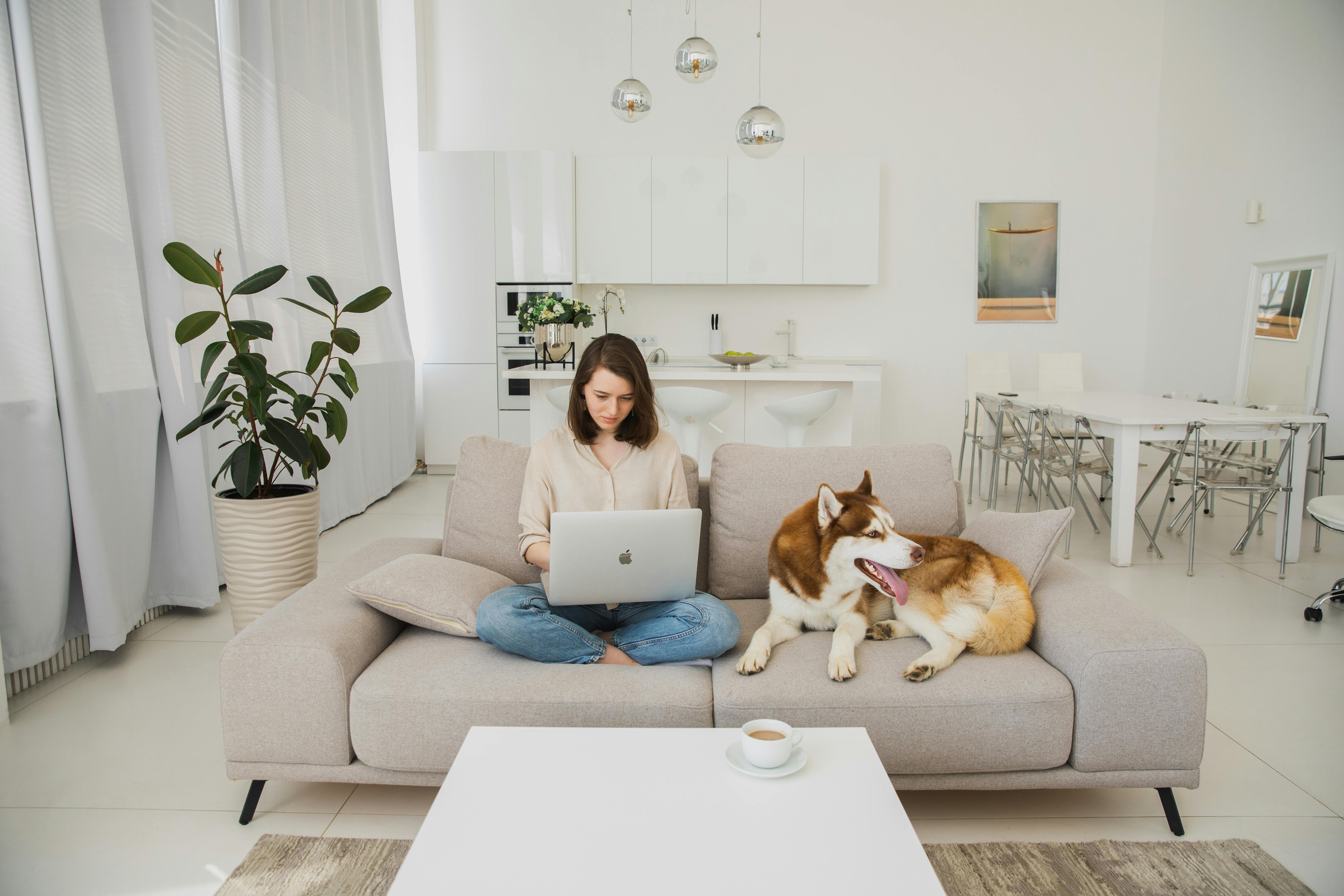 A Woman Using a Laptop in Company of her Pet Dog