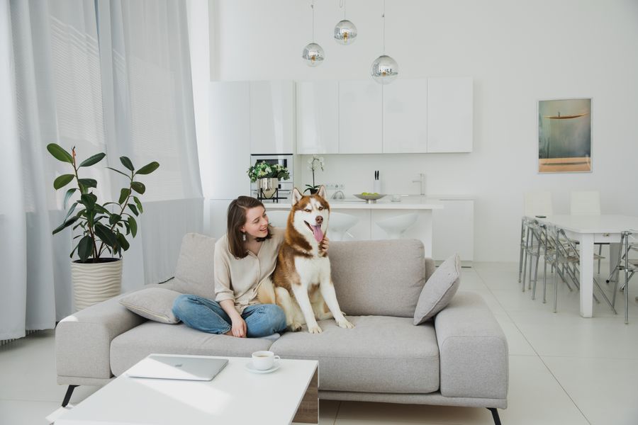A joyful owner relaxing with her dog at home, smiling and content