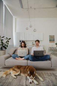 Couple working remotely with laptops in a stylish living room with their dog nearby.