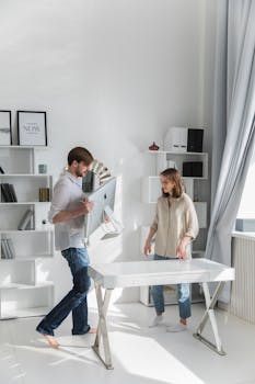 一对夫妇在一间明亮、极简主义的房间里，布置了一个配备时尚白色办公桌和电脑的家庭办公室